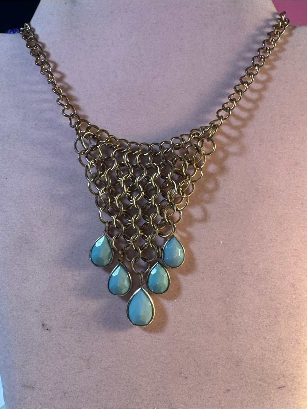 Gold-Tone Chainmail Teardrop Choker Necklace with Turquoise Like Drops